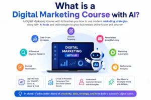 Digital marketing course with AI infographic showing tools and strategies