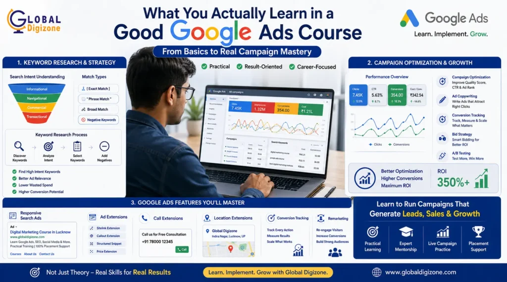 Google Ads course training infographic showing keyword research, campaign optimization, and conversion tracking by Global Digizone.