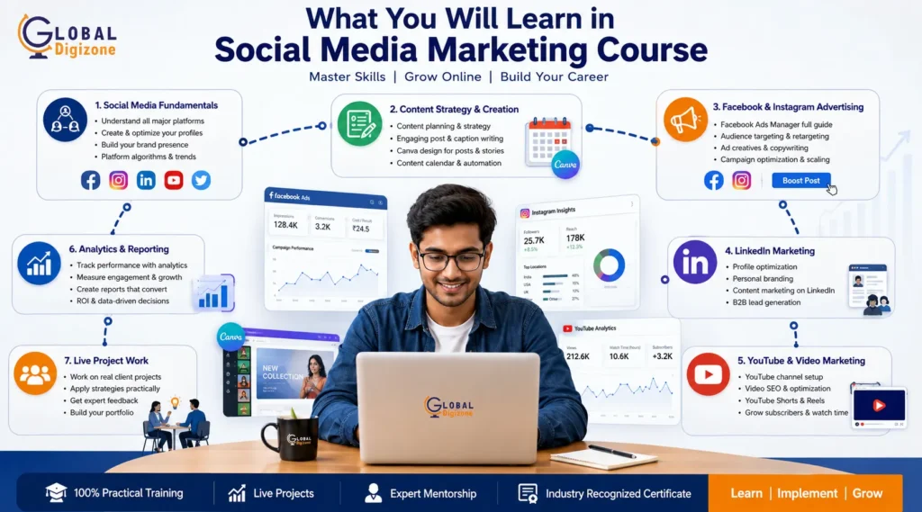 Social media marketing course infographic by Global Digizone Indore