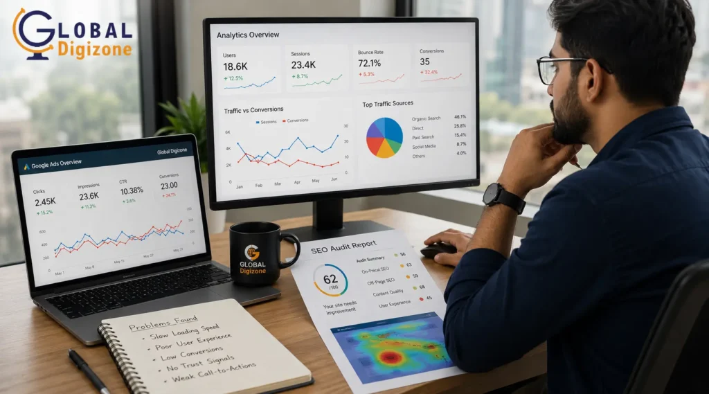 Digital marketer analyzing website SEO and lead generation issues for local business in Indore