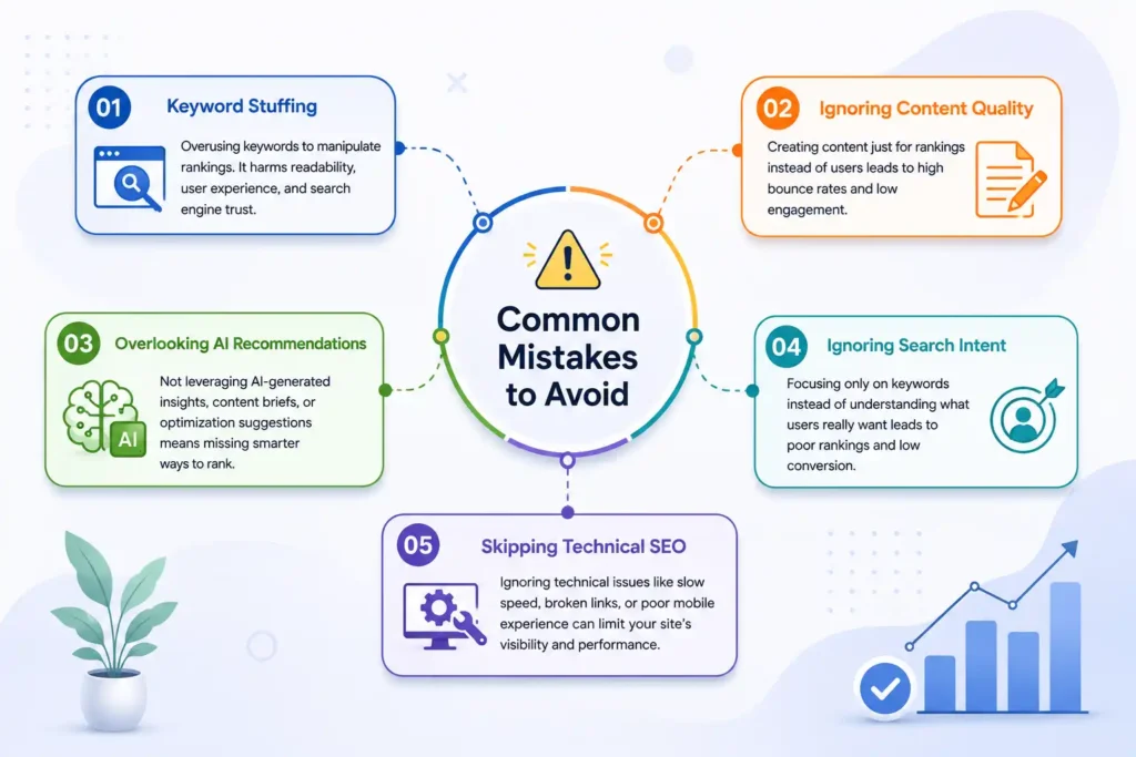 Common AI SEO mistakes infographic showing keyword stuffing, poor content quality, ignoring AI recommendations, search intent, and technical SEO