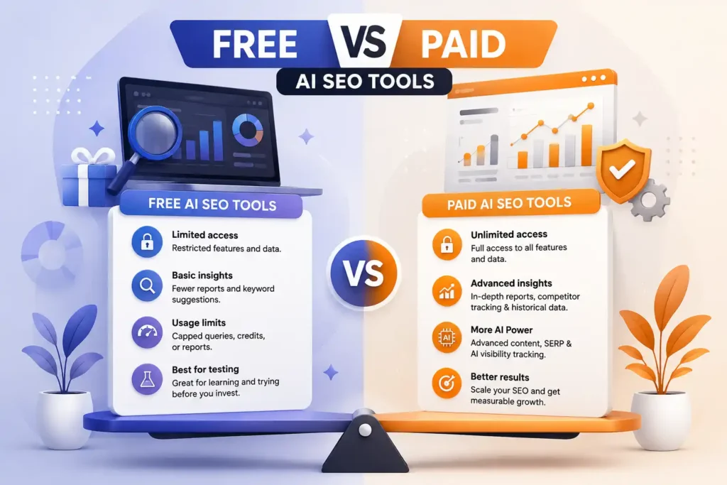 Free vs paid AI SEO tools comparison infographic showing features, usage limits, advanced insights, and SEO benefits