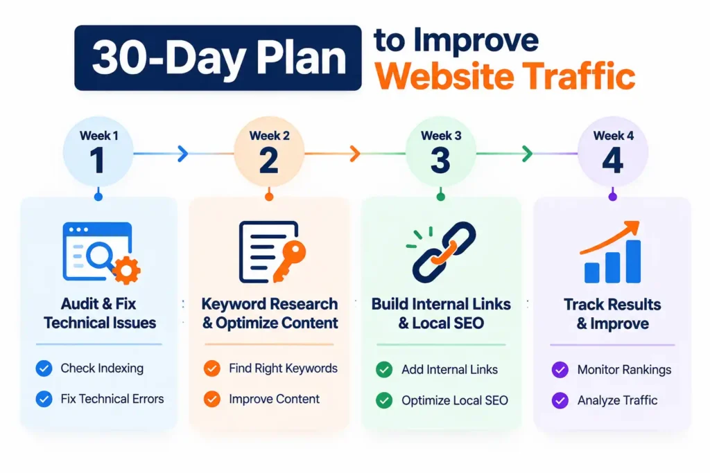 30-day plan for a website not getting traffic, covering technical SEO, keyword research, content optimization, internal linking, and traffic tracking.