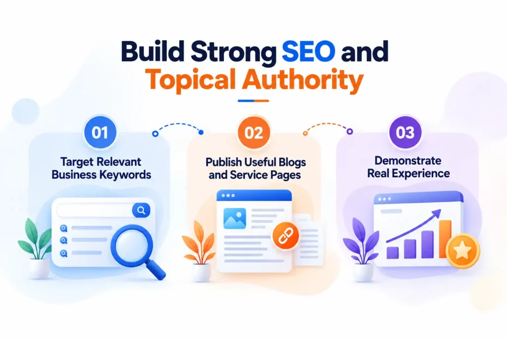 Build strong SEO and topical authority to get your business recommended by ChatGPT and Google AI through relevant keywords, useful content, and real experience.