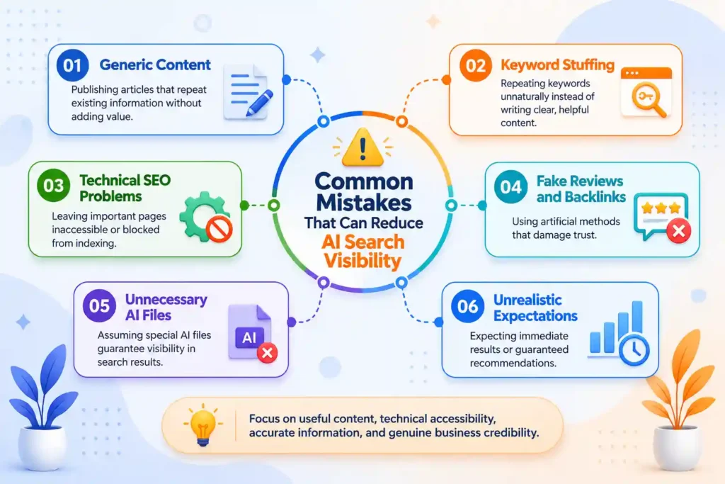 Common mistakes to avoid to get your business recommended by ChatGPT and Google AI, including keyword stuffing and technical SEO problems.