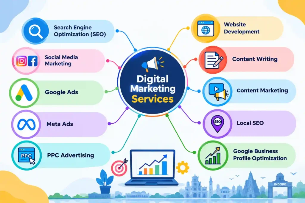 Digital Marketing Agency in Indore offering SEO, Social Media Marketing, Google Ads, Meta Ads, PPC, Website Development, Content Marketing and Local SEO services.