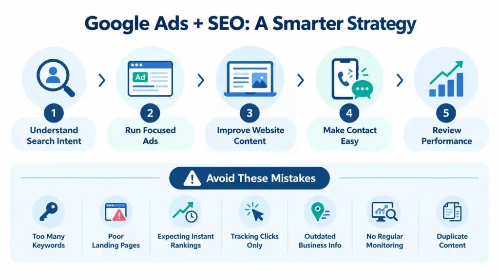 Google Ads and SEO together infographic showing five steps to improve online visibility and seven common digital marketing mistakes to avoid in Indore.