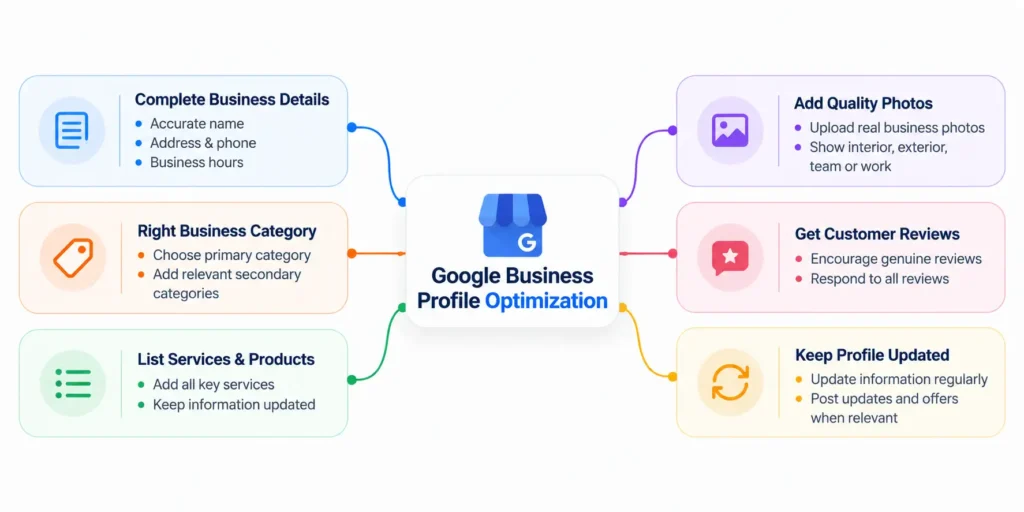 Google Business Profile optimization mind map covering business details, categories, services, photos, reviews and profile updates.
