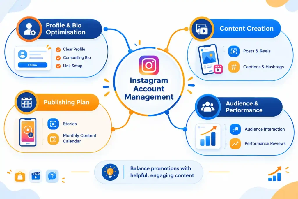 Instagram account management mind map showing profile optimisation, content creation, publishing plans, and audience engagement.