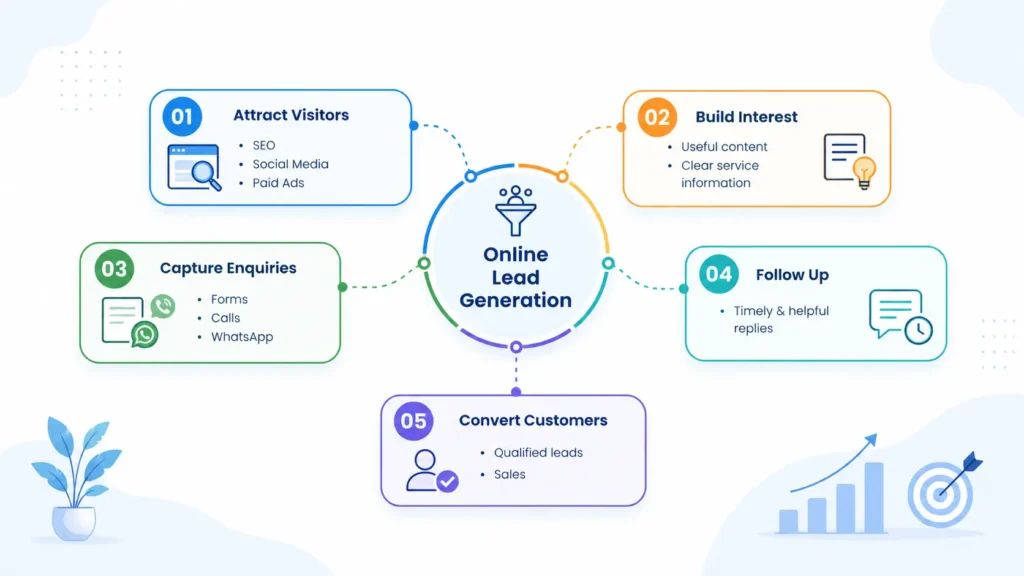 Online lead generation process showing how small businesses attract visitors, build interest, capture enquiries, follow up, and convert customers.