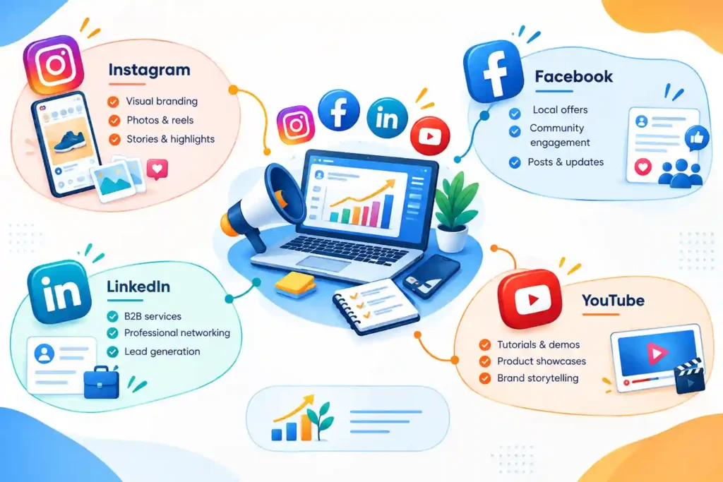 Social media marketing services including Instagram, Facebook, LinkedIn, and YouTube management.