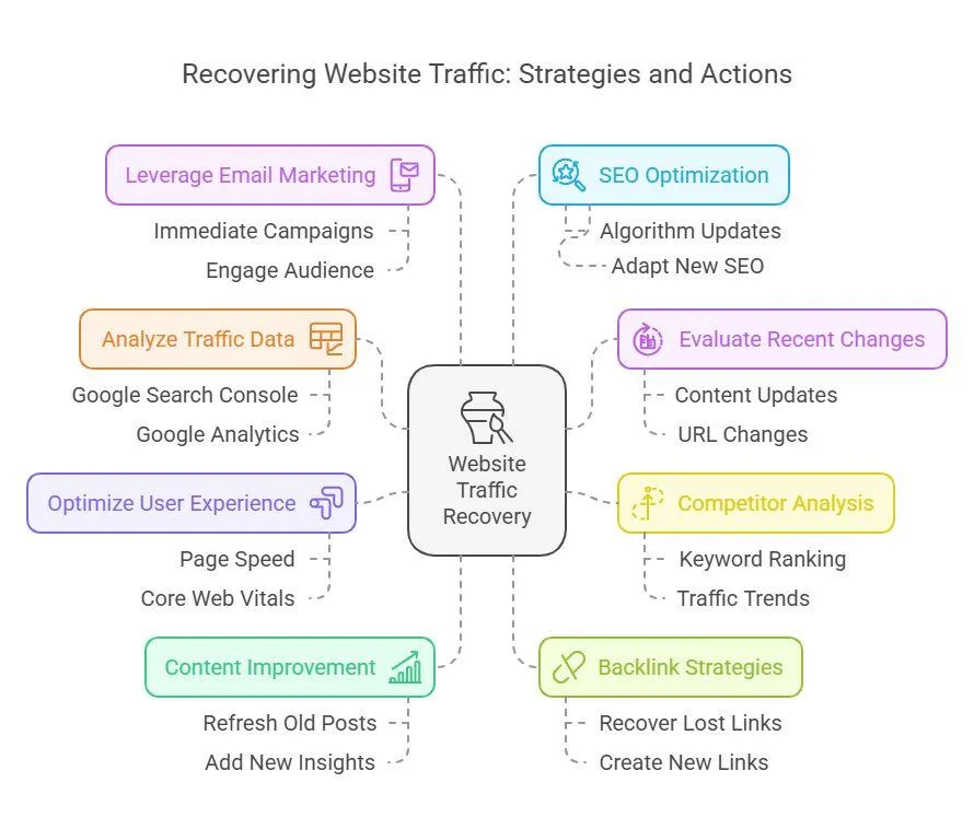 Website not getting traffic mind map showing SEO optimization, traffic analysis, content improvement, backlink strategies, and website traffic recovery.